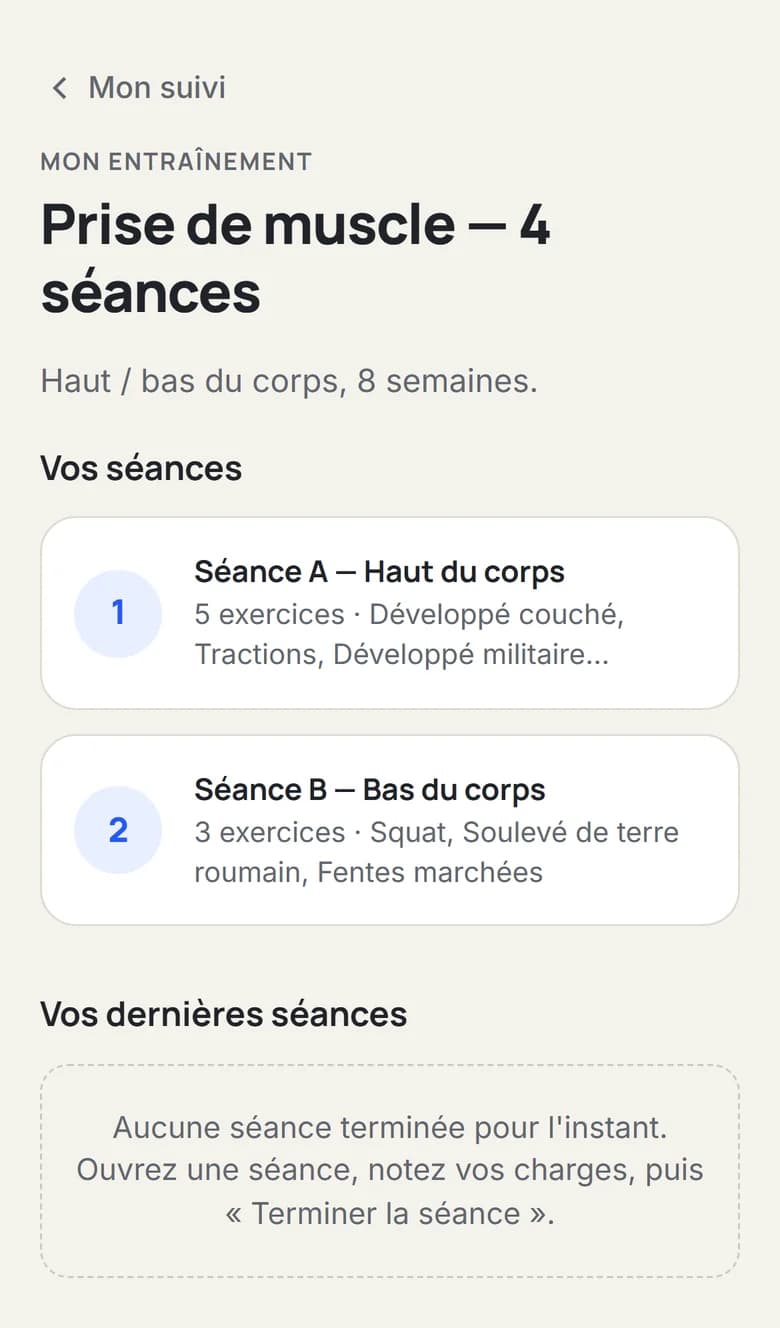 Le programme d'entraînement de l'élève sur son téléphone (exemple)